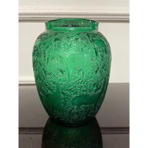 Lalique France - Art Deco Style Green Crystal Doe Vase